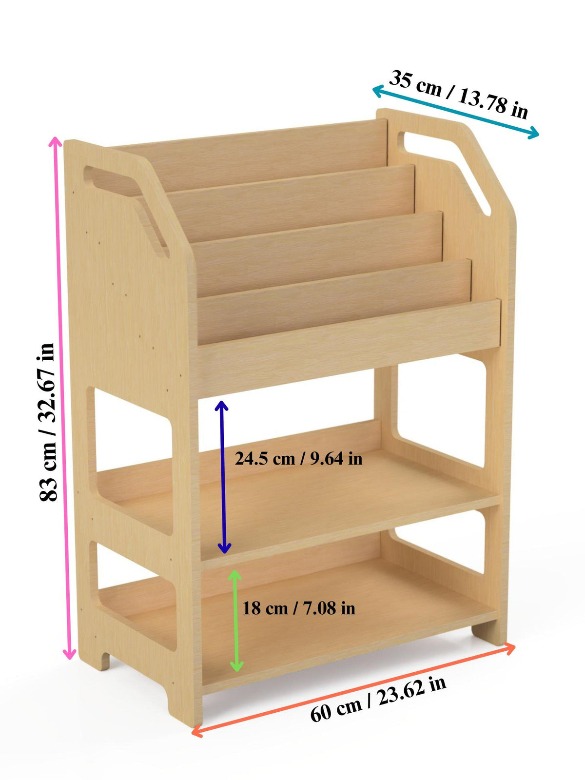 5. Size chart for Montessori wooden book display with dimensions in centimeters and inches