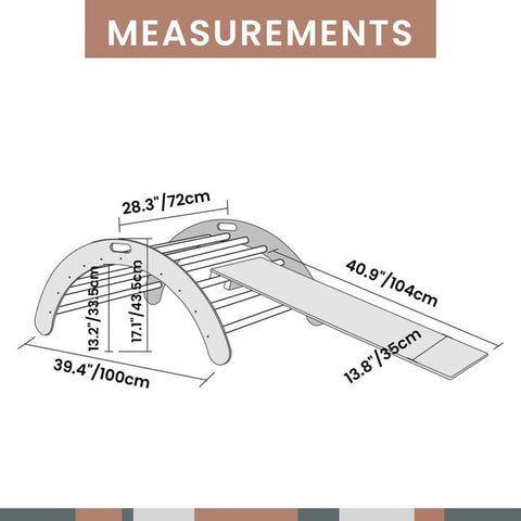 5. Size chart for Montessori climbing arch showing dimensions in centimeters and inches