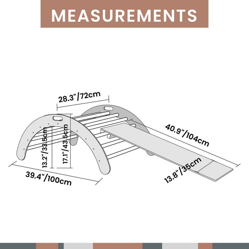 5. Size chart for Montessori climbing arch with ramp showing dimensions in centimeters