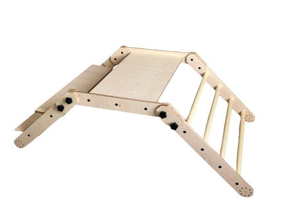 7. Montessori climbing set in a folded position, showcasing wooden rungs and a tabletop, isolated on a white background.