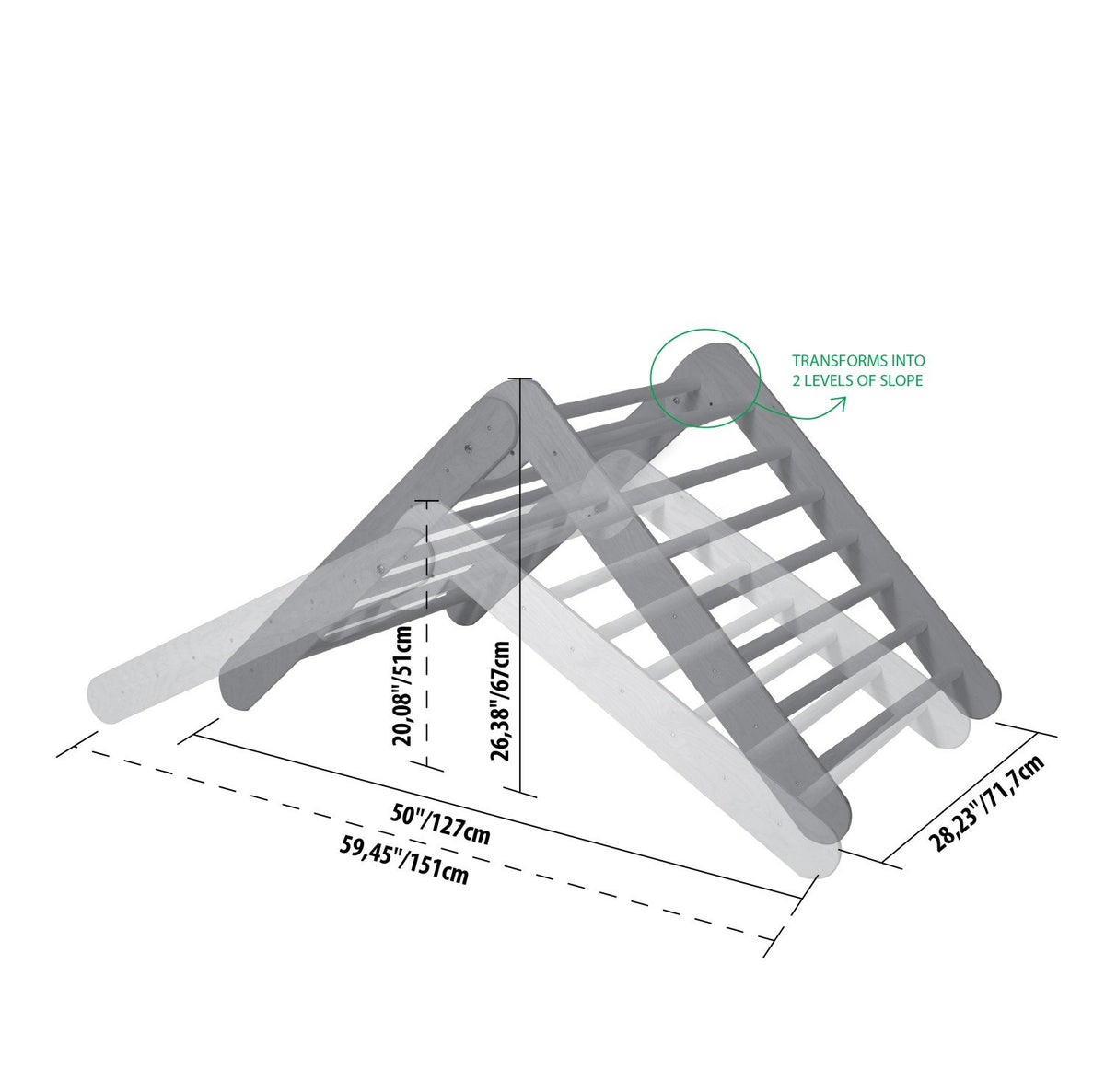 9. Size chart for Montessori Climbing Triangle showing dimensions and slope levels in centimeters
