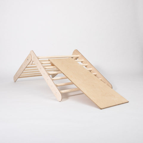 2. Montessori climbing triangle with ramp on white background, showcasing sturdy birch plywood construction