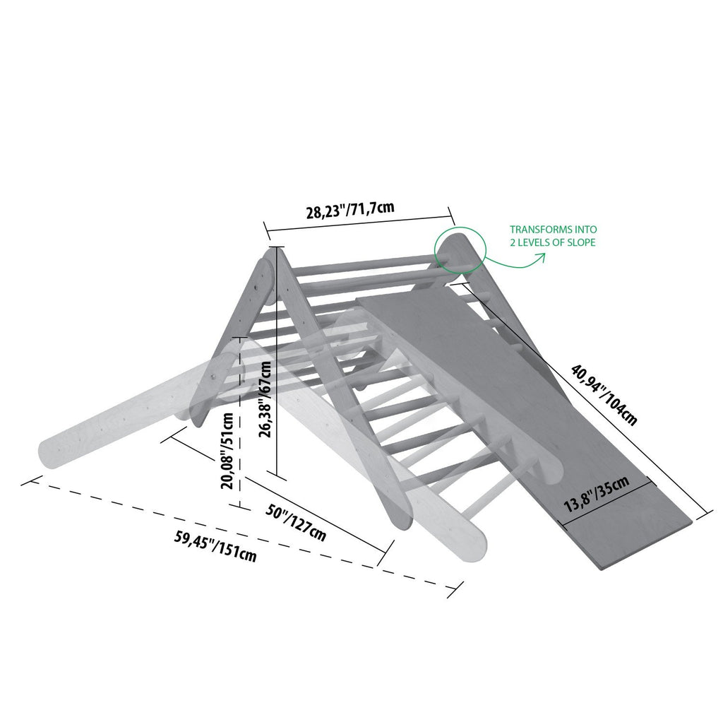 5. Size chart for Montessori climbing triangle with ramp, showing dimensions in centimeters and inches