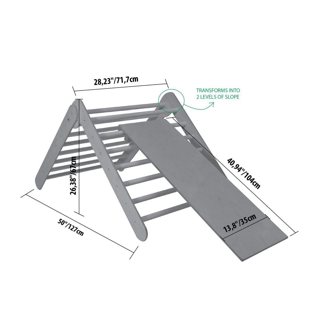 5. Size chart for Montessori climbing triangle with ramp, illustrating two slope levels and dimensions