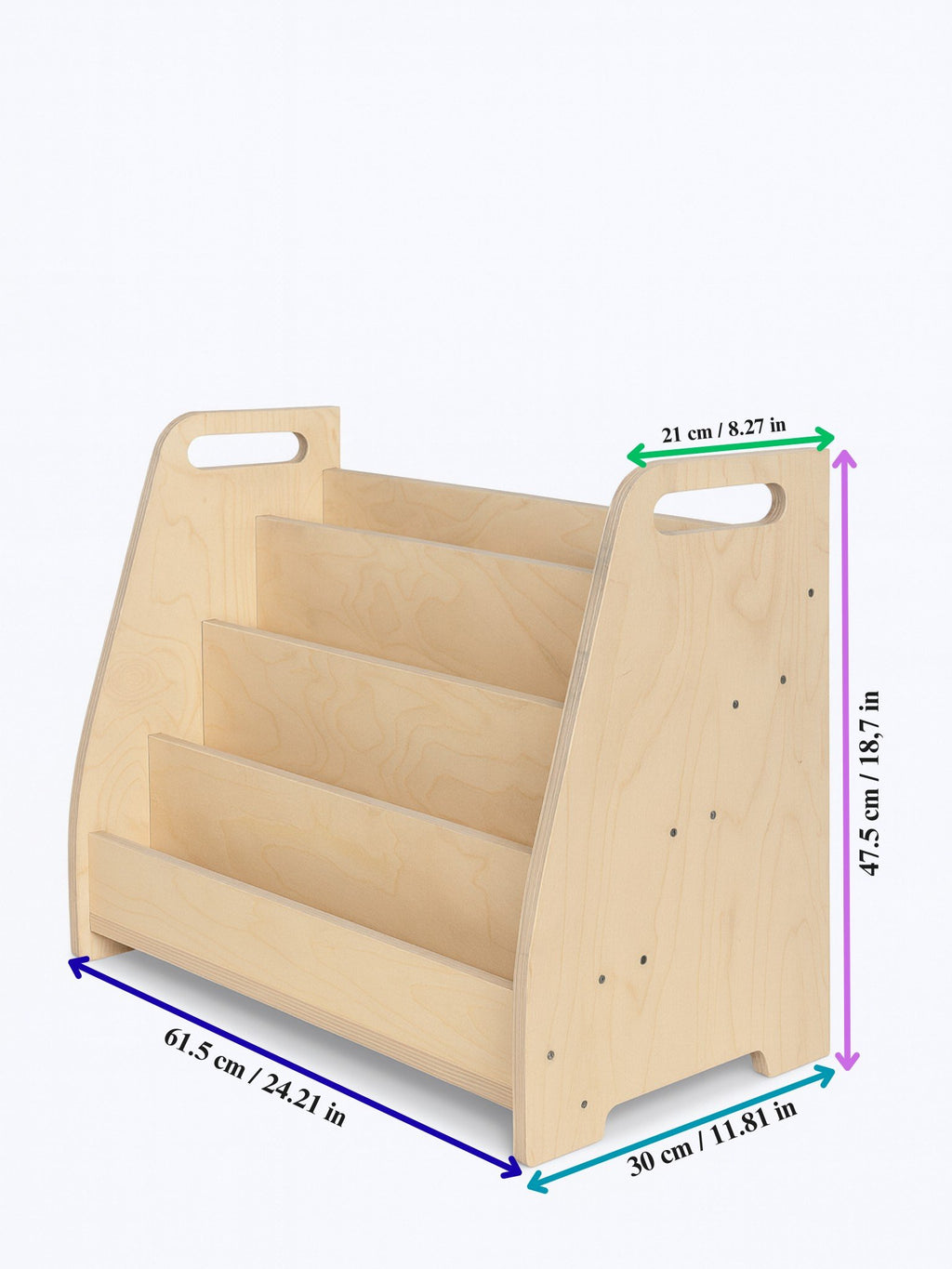 5. Size chart for Montessori wooden book display showing dimensions in centimeters and inches for width, height, and depth.