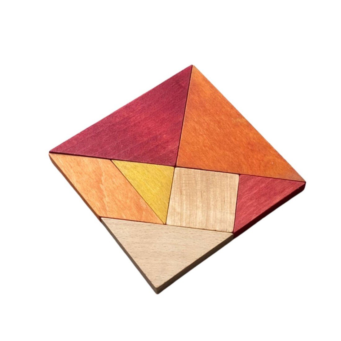 1. Wooden Story tangram set in warm colors arranged in a square on a white background