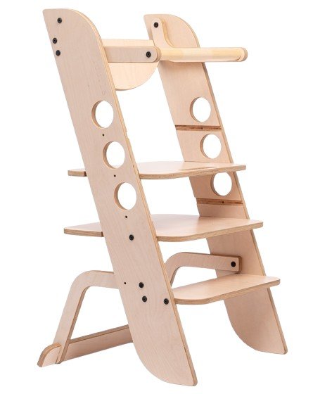 2. Wooden Montessori learning tower with support bar and adjustable height