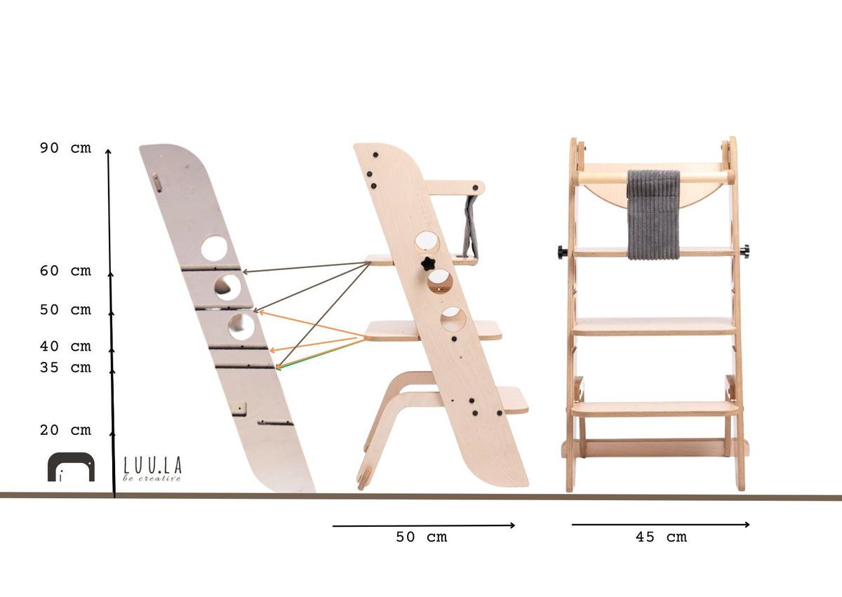 5. Size chart for Montessori learning tower showing height and width measurements