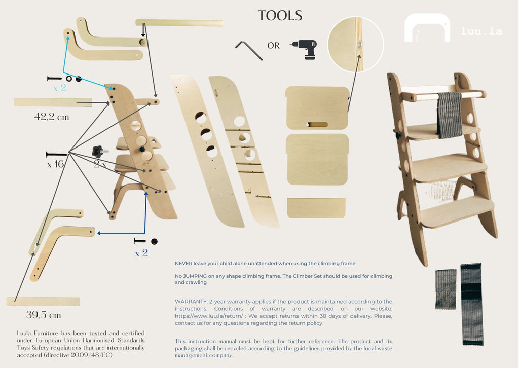 5. Size chart for Montessori learning tower showing dimensions and assembly instructions