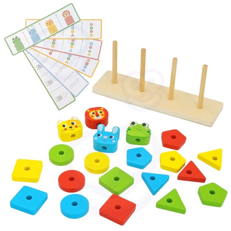 13. Montessori puzzle pyramid set with colorful blocks and pattern cards on white background