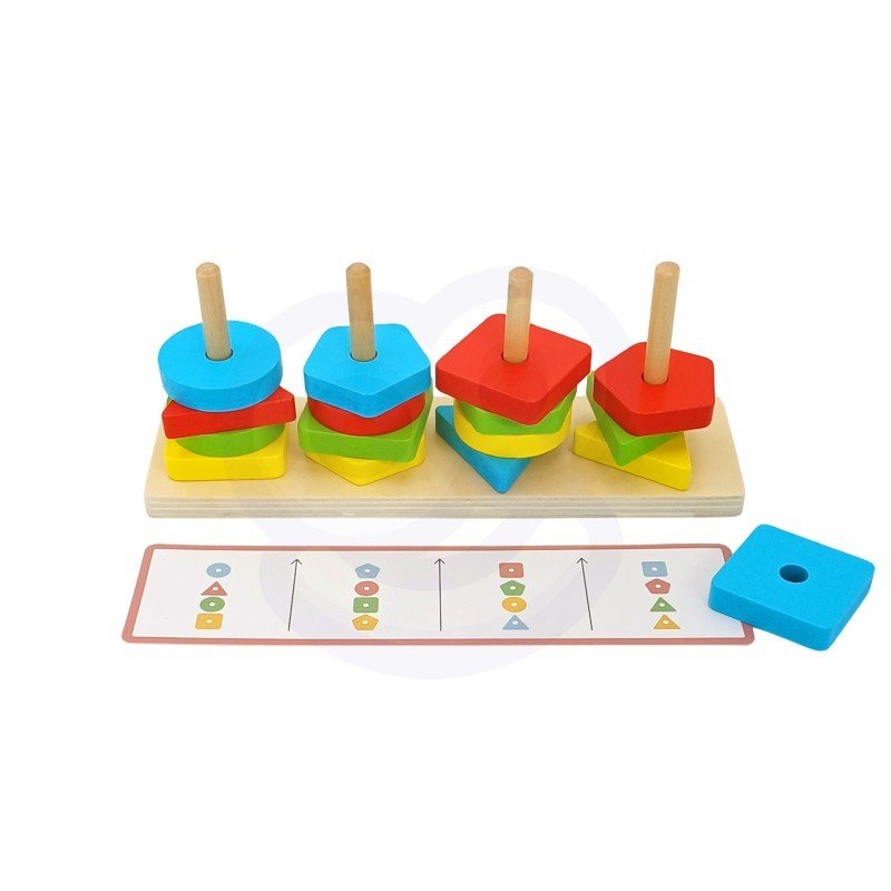 12. Montessori puzzle pyramid with colorful geometric blocks and pattern card on white background