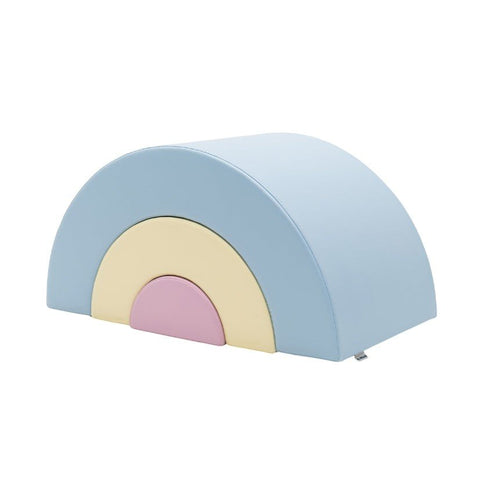 2. Side view of Montessori soft play set in light pastel colors, showing blue, yellow, and pink foam pieces with rounded edges on a white background