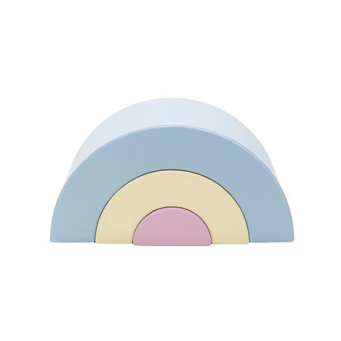 1. Montessori soft play set in light pastel colors with rainbow design, featuring blue, yellow, and pink foam pieces stacked together on a white background