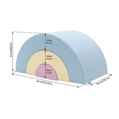 4. Size chart for Montessori soft play set in pastel blue, yellow, and pink with dimensions in centimeters and inches