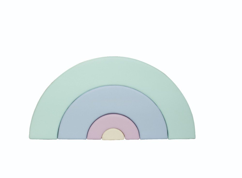 2. Studio shot of pastel rainbow soft play set pieces stacked in semi-circle
