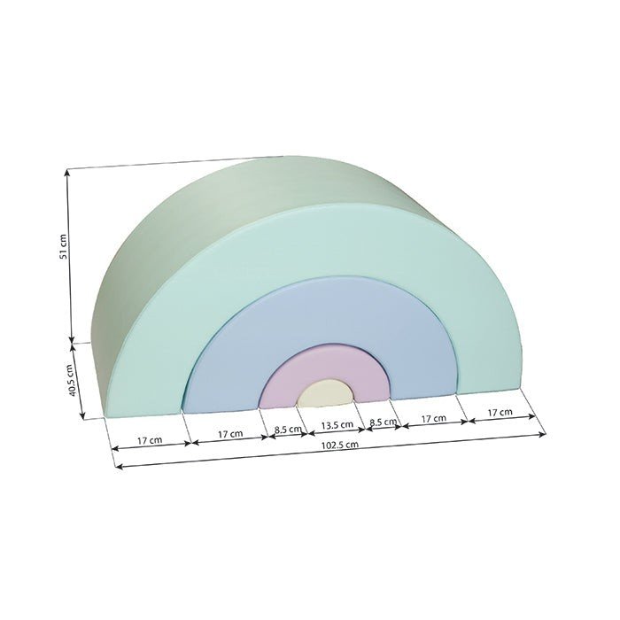 13. Size chart for pastel rainbow soft play set showing dimensions in centimeters