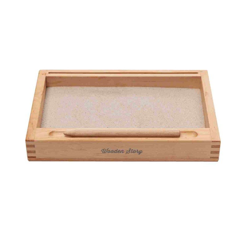 1. Wooden Montessori sand writing tray with handle, featuring a smooth wooden finish and sand-filled section, by Wooden Story