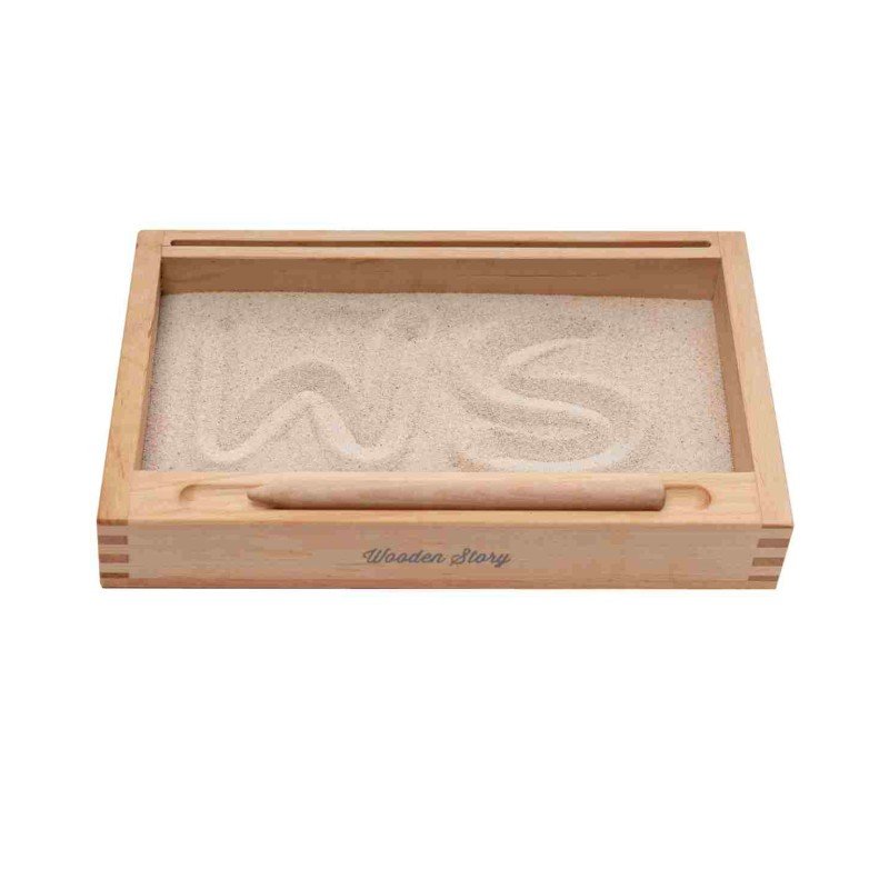 4. Wooden Montessori sand writing tray with 'WS' letters drawn in sand, by Wooden Story