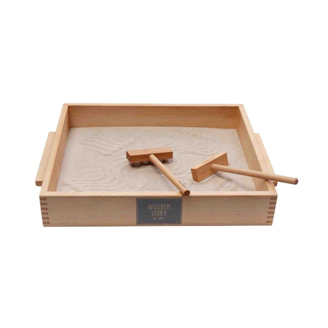 1. Wooden Montessori tray with sand and two wooden tools, featuring Wooden Story logo, ideal for educational play