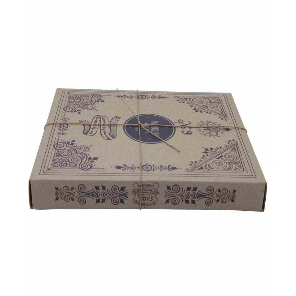 2. Cardboard packaging for Wooden Story shape sorting blocks, featuring decorative designs and tied with string