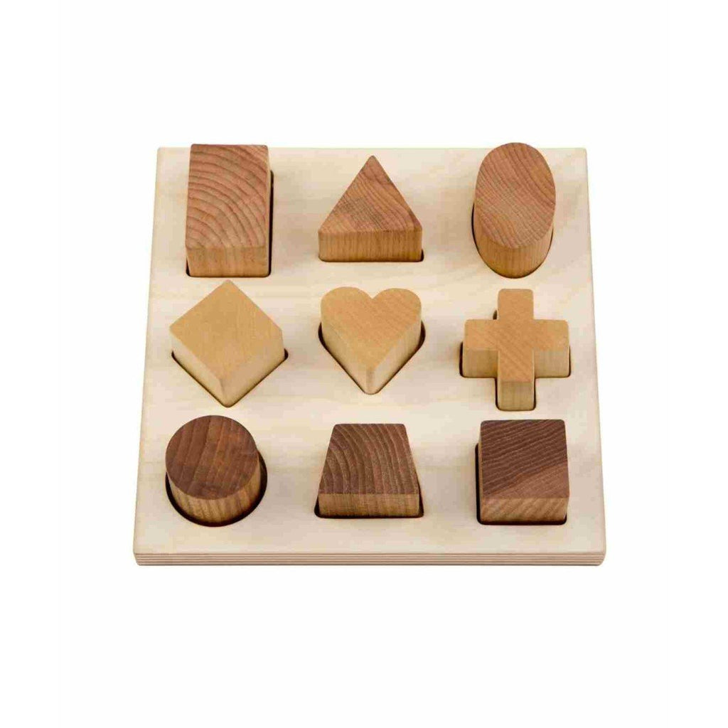 1. Wooden Story shape sorting board with nine natural wood blocks in various shapes including heart, circle, and square, on a plain background