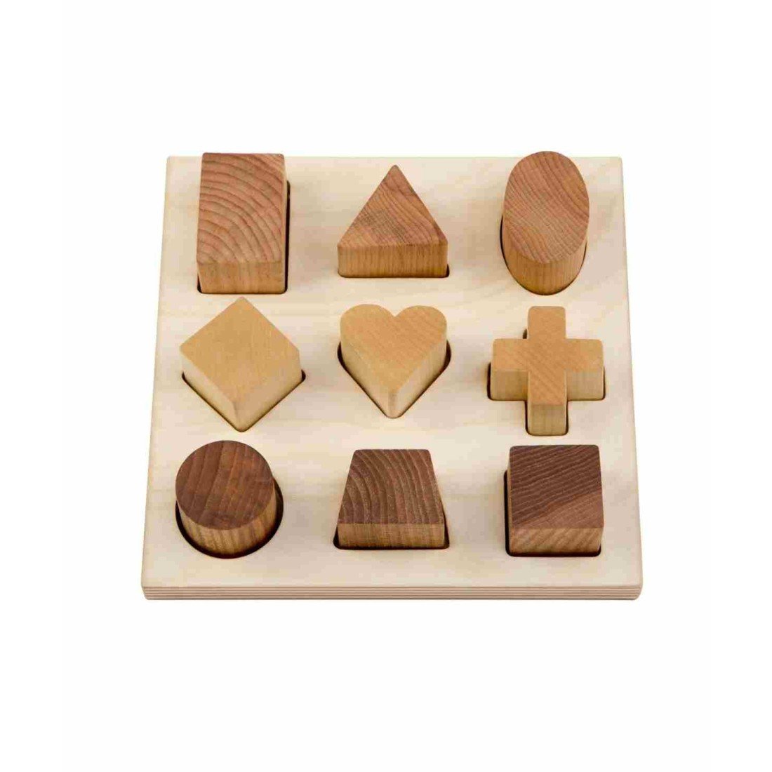 1. Wooden Story shape sorting board with nine natural wood blocks in various shapes including heart, circle, and square, on a plain background