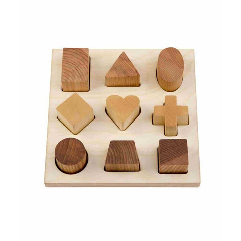 1. Wooden Story shape sorting board with nine natural wood blocks in various shapes including heart, circle, and square, on a plain background