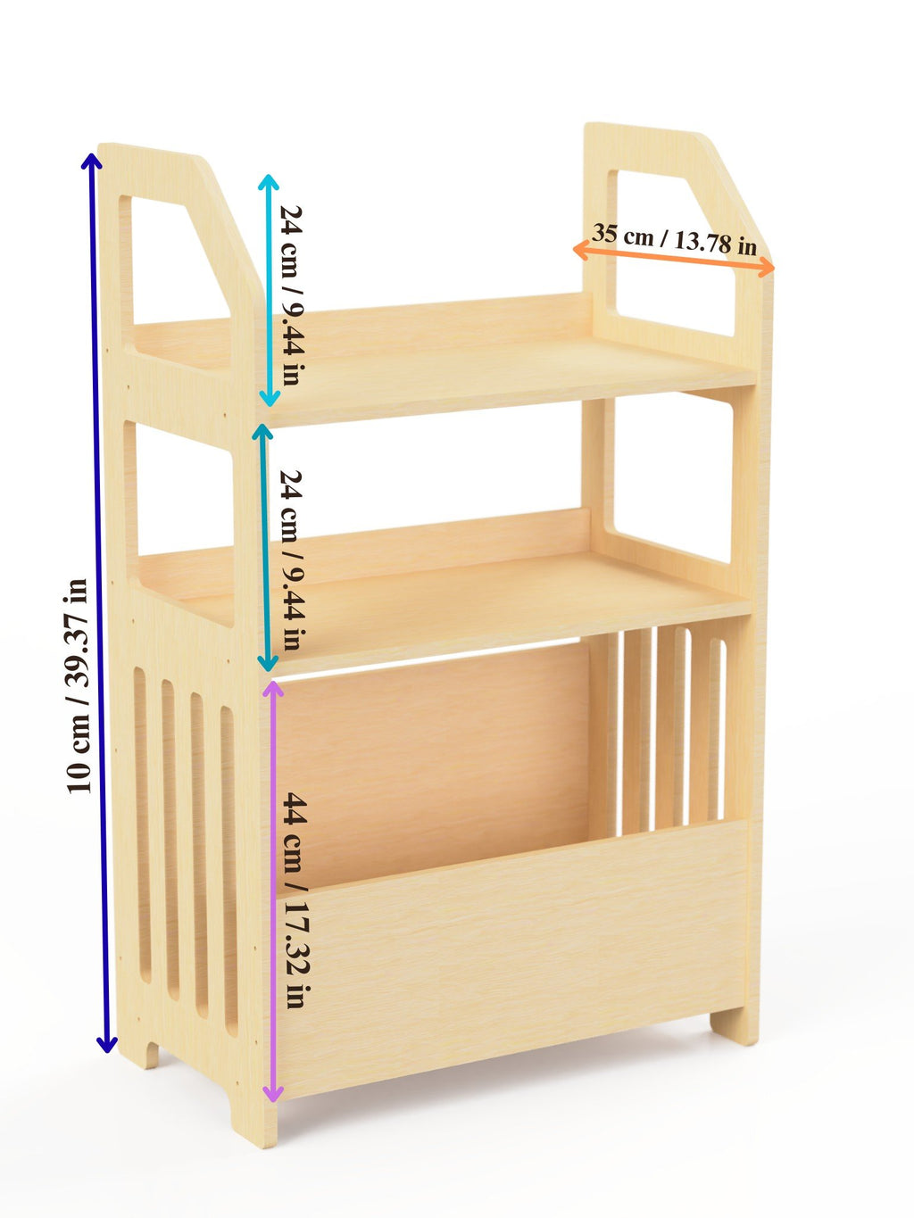 5. Size chart for Montessori wooden shelf showing height, width, and depth in centimeters and inches