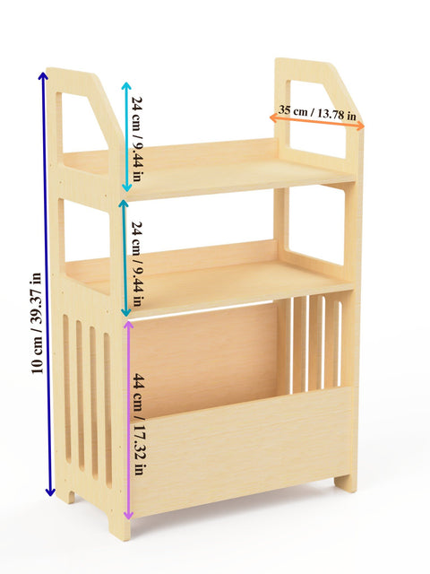 5. Size chart for Montessori wooden shelf showing height, width, and depth in centimeters and inches