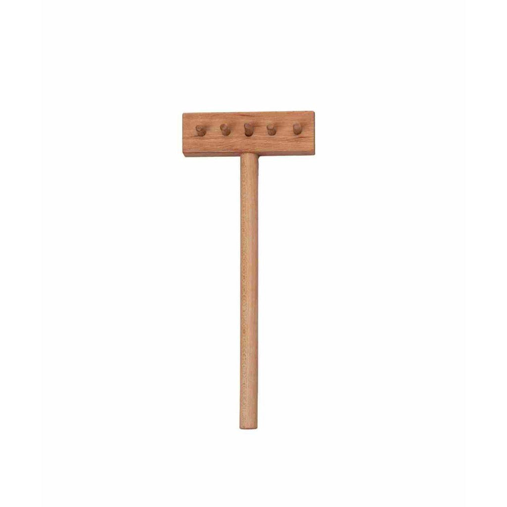5. Montessori wooden accessory with five small pegs, crafted for manual skill development, on a white background
