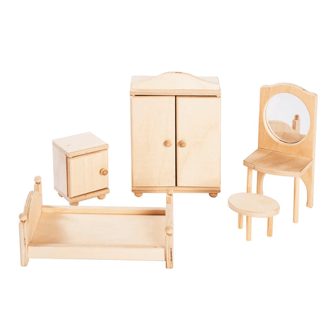 1. Natural wooden dollhouse bedroom furniture set including bed, mirror, wardrobe, stool, and bedside table by ROOSI Traditional Toys
