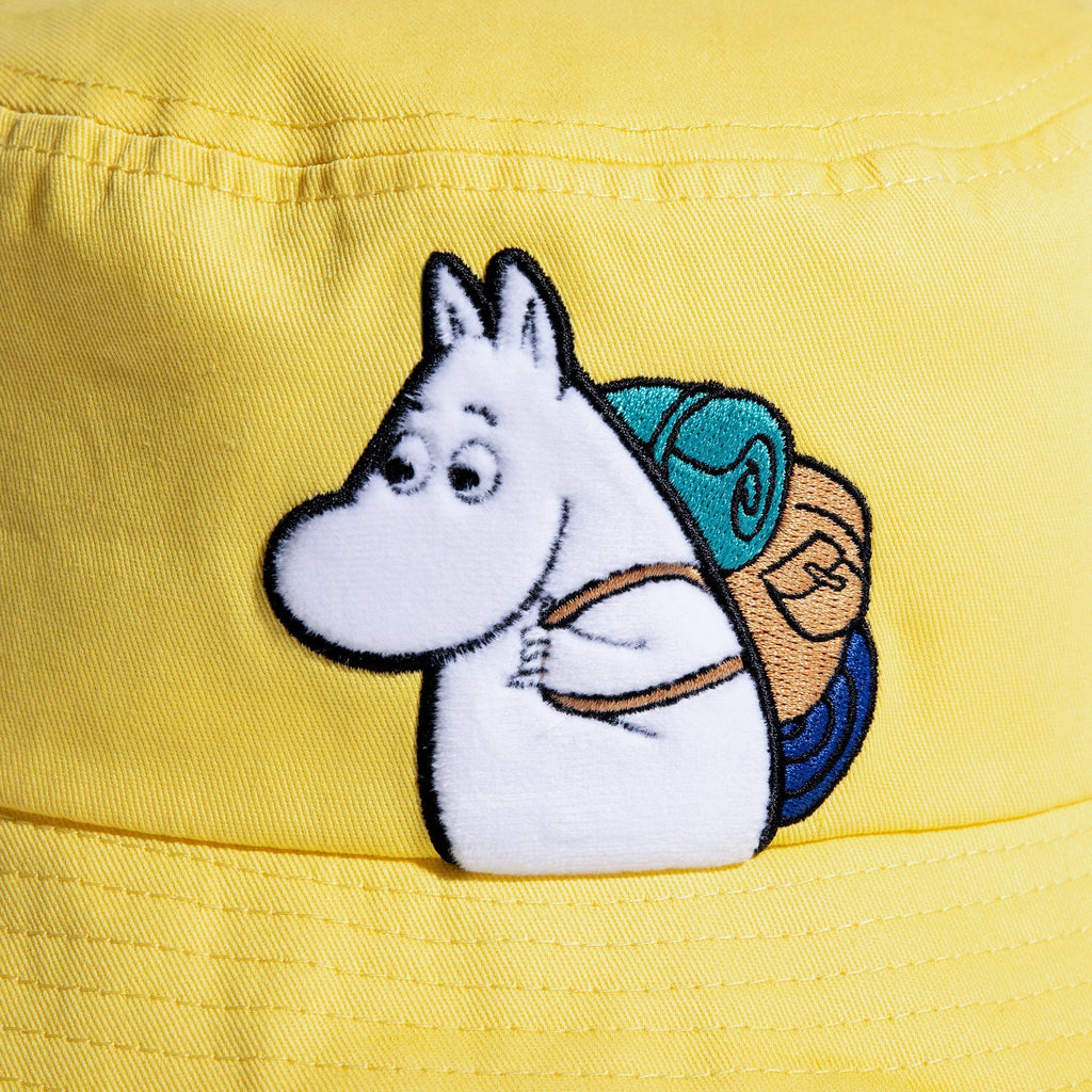 2. Close-up of Moomin character embroidery on yellow Moomin Adventure Kids Bucket Hat