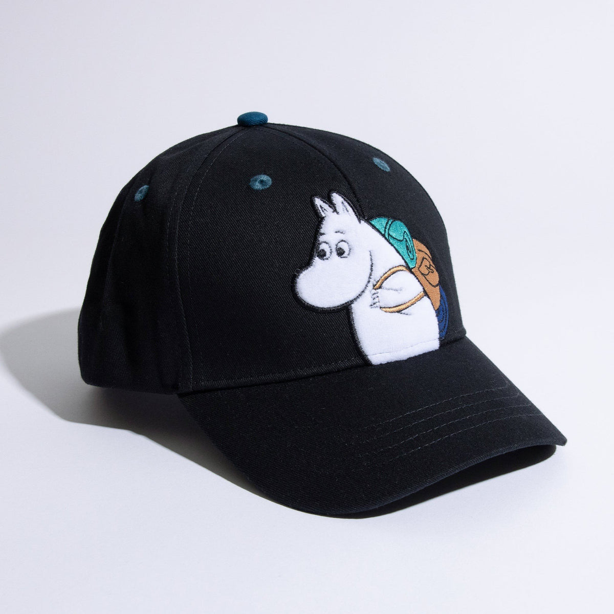 1. Moomin Adventure Kids Cap in black with embroidered Moomin character, shown in studio setting