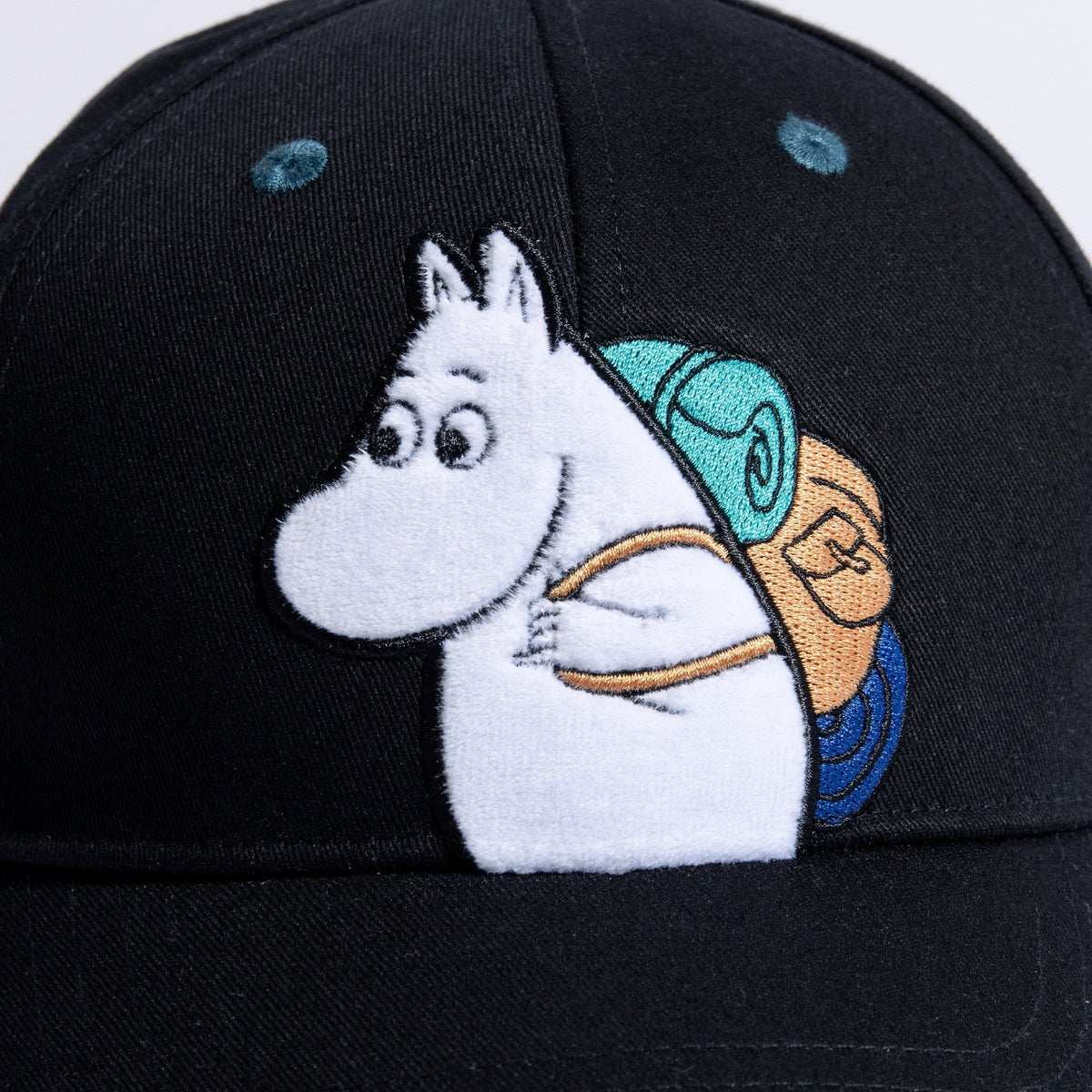 3. Close-up of Moomin character embroidery on black Moomin Adventure Kids Cap