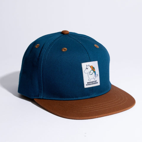1. Moomin Adventure Kids Flat Cap in blue and brown, featuring Moomin by NordicBuddies logo, studio shot