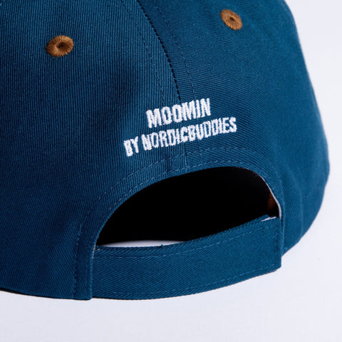 2. Back view of Moomin Adventure Kids Flat Cap showing adjustable strap and Moomin by NordicBuddies branding