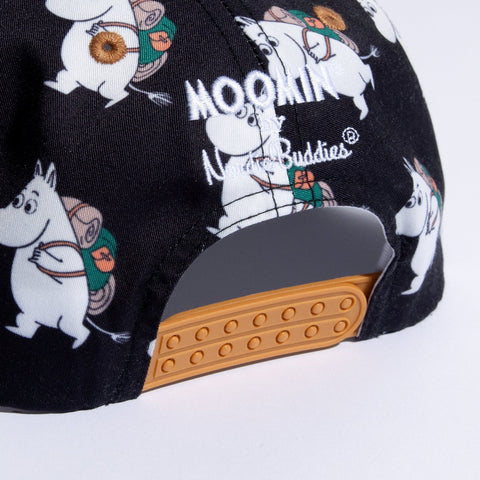 2. Close-up of Moomin Adventure Kids Flat Cap showing adjustable strap and Moomin by NordicBuddies branding