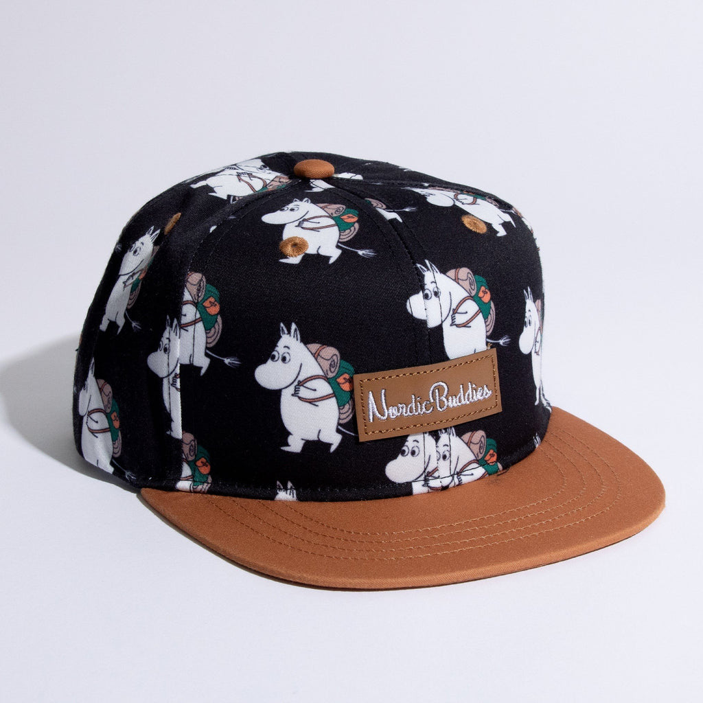 1. Moomin Adventure Kids Flat Cap in black with brown brim, featuring Moomin characters, by NordicBuddies