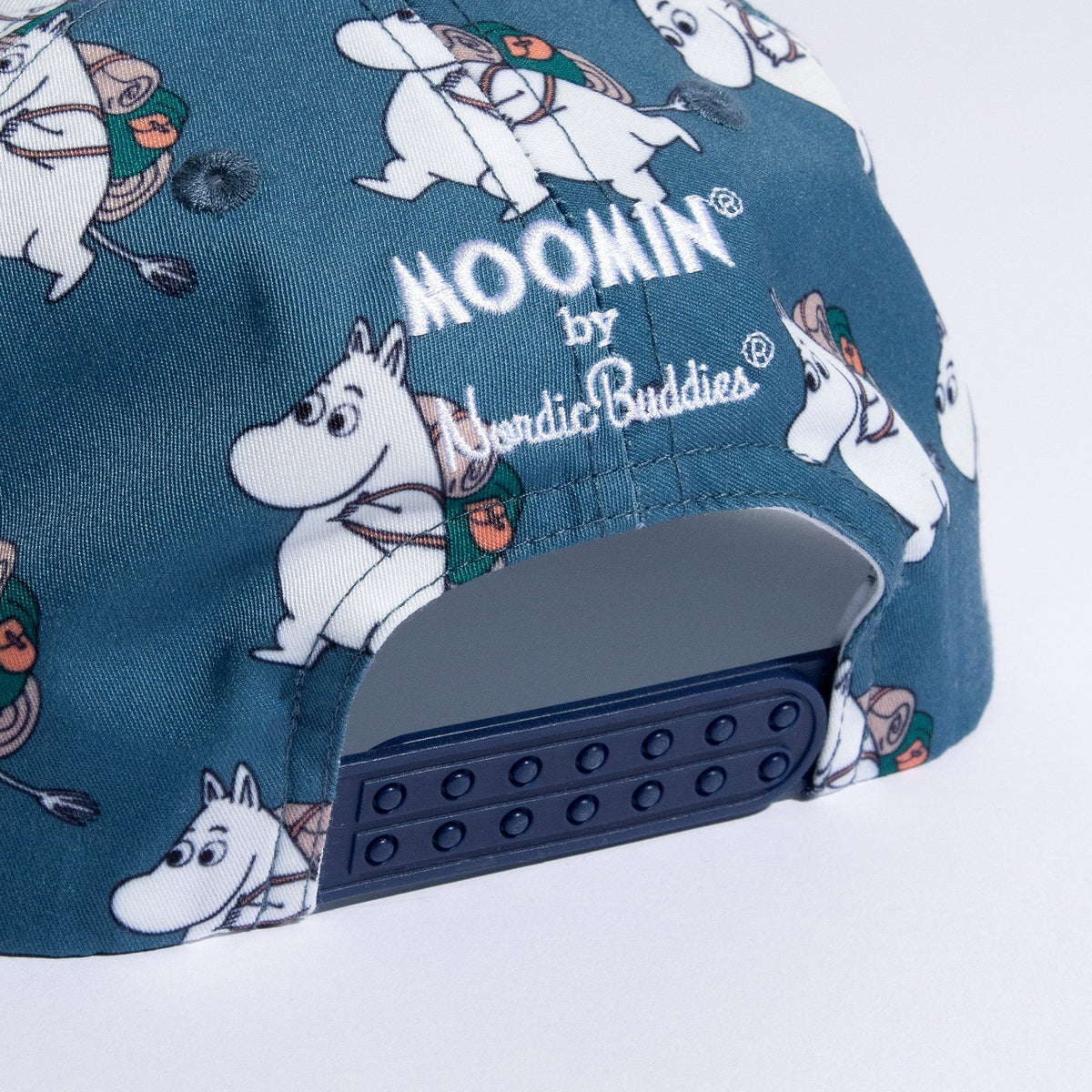 3. Back view of Moomin Adventure Kids Flat Cap showing adjustable strap and Moomin by Nordic Buddies branding