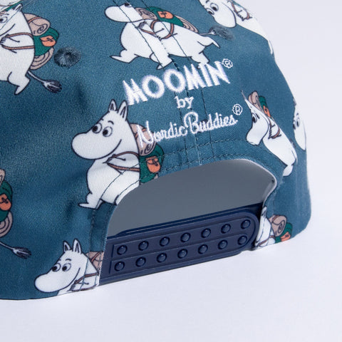 3. Back view of Moomin Adventure Kids Flat Cap showing adjustable strap and Moomin by Nordic Buddies branding