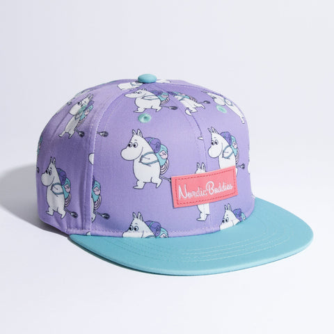 1. Moomin Adventure Kids Flat Cap in lavender with turquoise brim, featuring Moomin characters, by NordicBuddies
