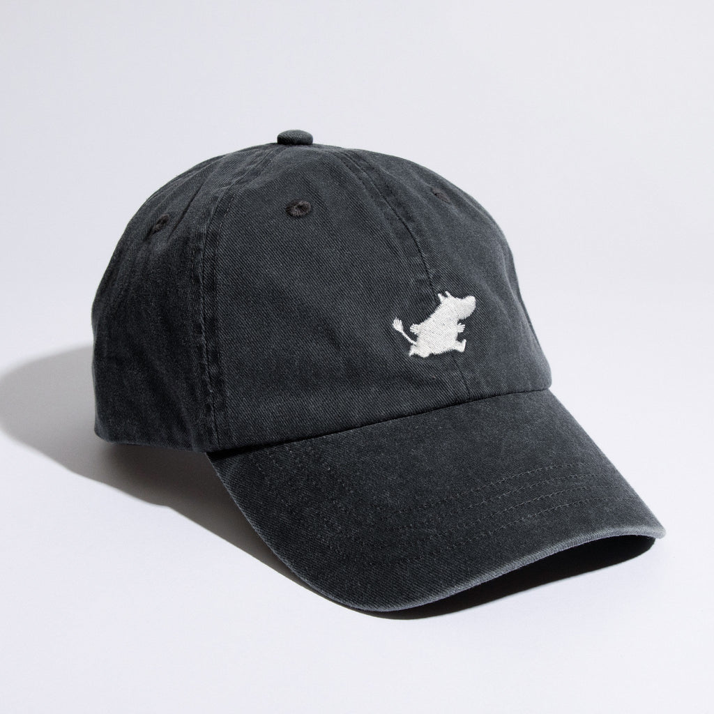 5. Studio shot of Moomin Classics Denim Dad Cap in dark grey, showing classic dad cap design and logo