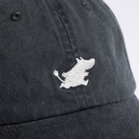 3. Close-up of Moomin Classics Denim Dad Cap in dark grey, highlighting embroidered Moomin logo