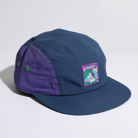 2. Moomintroll Adventure Nylon 5-panel Cap in blue and lilac, studio product image