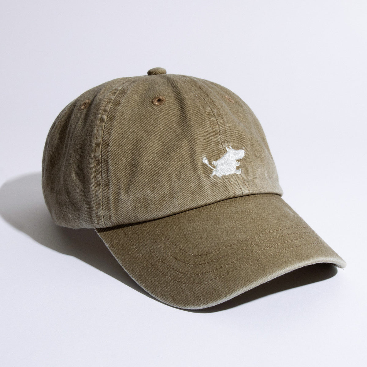 3. Studio shot of Moomin Classics Denim Dad Cap in khaki with embroidered Moomin character