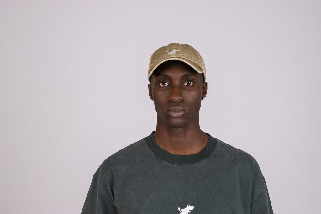 2. Men's khaki Moomin Classics Denim Dad Cap by NordicBuddies styled with green t-shirt in studio