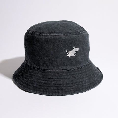 2. Studio image of black washed denim Moomin bucket hat with embroidered character