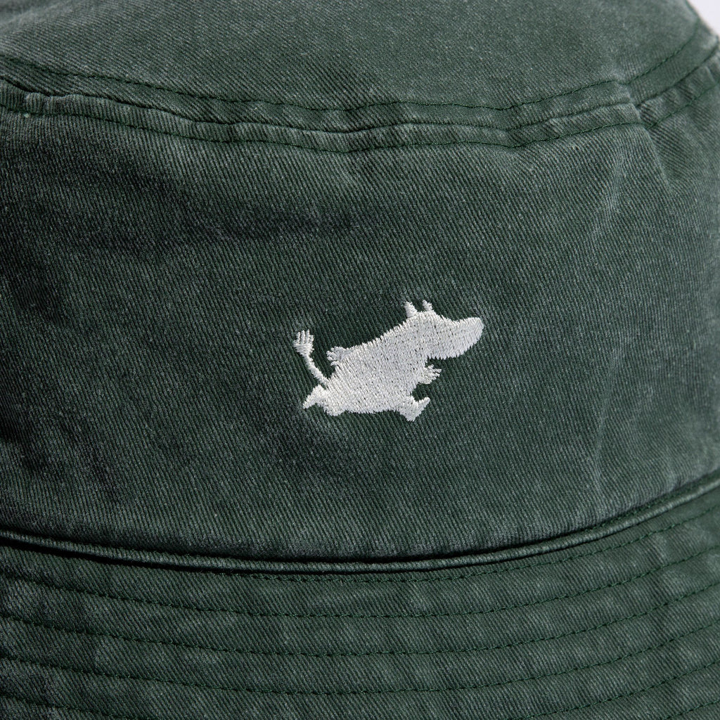 3. Close-up of Moomin logo on green washed denim bucket hat by NordicBuddies