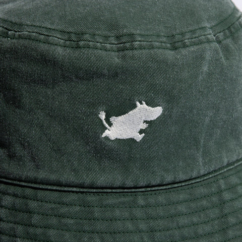 3. Close-up of Moomin logo on green washed denim bucket hat by NordicBuddies