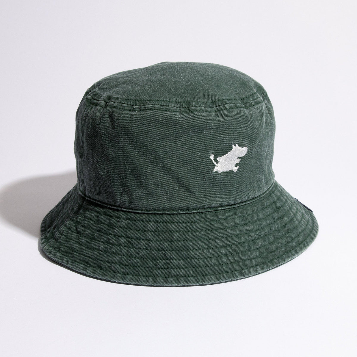 2. Studio shot of Moomin Classics green washed denim bucket hat, highlighting front Moomin logo